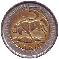 Антилопа гну. Монета 5 рандов. 2004 год, ЮАР.