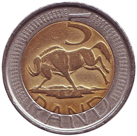 Монета 5 рандов. 2004 год, ЮАР. Антилопа гну.