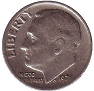 Монета 10 центов. 1971 (P) год, США. Рузвельт. Монета 10 центов. 1971 (P) год, США. Рузвельт.