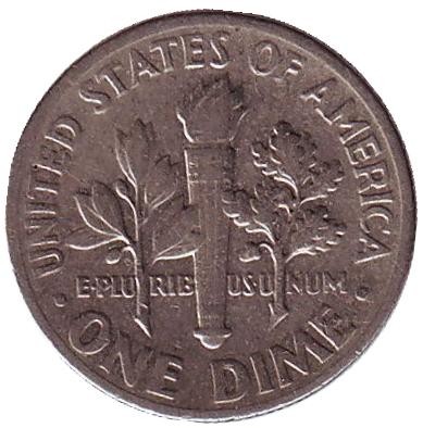 Монета 10 центов. 1971 (P) год, США. Рузвельт. Монета 10 центов. 1971 (P) год, США. Рузвельт.