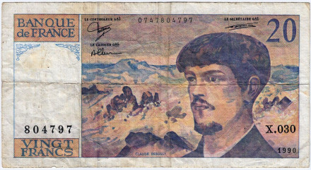 Банкнота 20 франков. 1990 год, Франция. Клод Дебюсси.