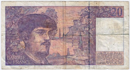 Банкнота 20 франков. 1990 год, Франция. Клод Дебюсси. Банкнота 20 франков. 1990 год, Франция. Клод Дебюсси.