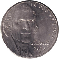 Монета 5 центов. 2016 год (P), США. Монтичелло. Монета 5 центов. 2016 год (P), США. Монтичелло.