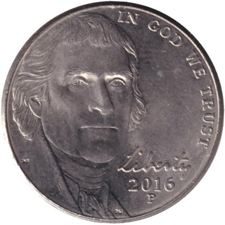 Монета 5 центов. 2016 год (P), США. Монтичелло.