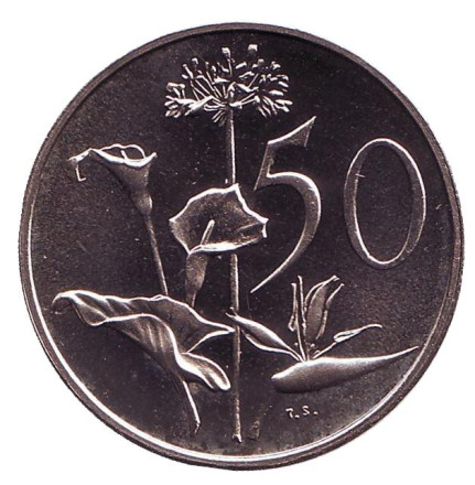Монета 50 центов. 1977 год, ЮАР. Proof. Цветы.