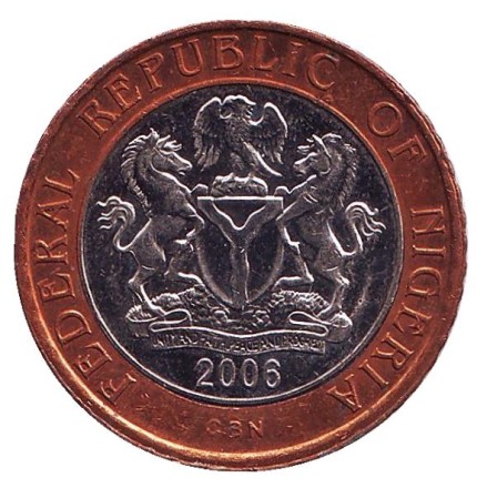Монета 2 найры. 2006 год, Нигерия. Здание Национального Собрания. Монета 2 найры. 2006 год, Нигерия. Здание Национального Собрания.