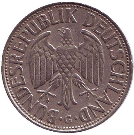 Монета 1 марка. 1956 год (G), ФРГ. Монета 1 марка. 1956 год (G), ФРГ.