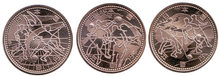 Кубок Мира по футболу 2002 в Корее и Японии. Комплект из 3-х монет номиналом 500 йен. 2002 год, Япония.