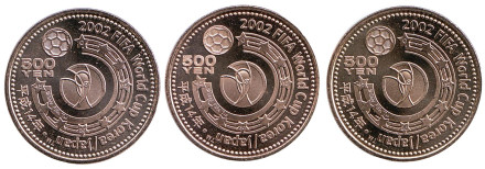 Кубок Мира по футболу 2002 в Корее и Японии. Комплект из 3-х монет номиналом 500 йен. 2002 год, Япония.
