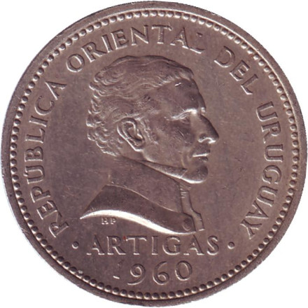 Монета 1 песо. 1960 год, Уругвай. Хосе Артигас.
