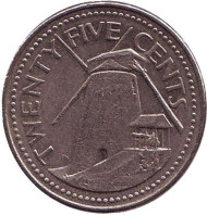 Монета 25 центов. 2001 год, Барбадос. Сахарная мельница Моргана Льюиса. Монета 25 центов. 2001 год, Барбадос. Сахарная мельница Моргана Льюиса.