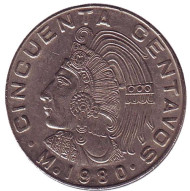 Монета 50 сентаво. 1980 год, Мексика. Индеец. "9" Круглая. Монета 50 сентаво. 1980 год, Мексика. Индеец. "9" Круглая.