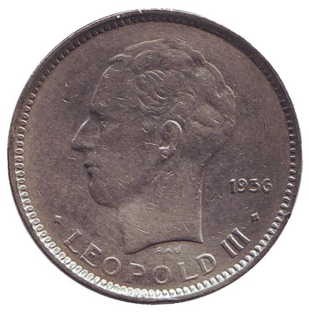 Монета 5 франков. 1936 год, Бельгия. (Belgique) Леопольд III.