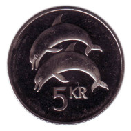 Монета 5 крон. 2007 год, Исландия. Дельфины. Монета 5 крон. 2007 год, Исландия. Дельфины.