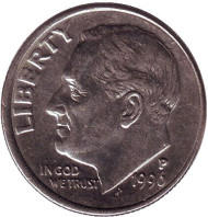 Монета 10 центов. 1996 (P) год, США. Рузвельт. Монета 10 центов. 1996 (P) год, США. Рузвельт.