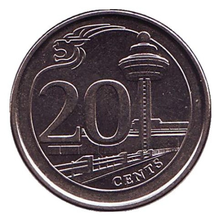 Монета 20 центов. 2015 год, Сингапур. Аэропорт Чанги.