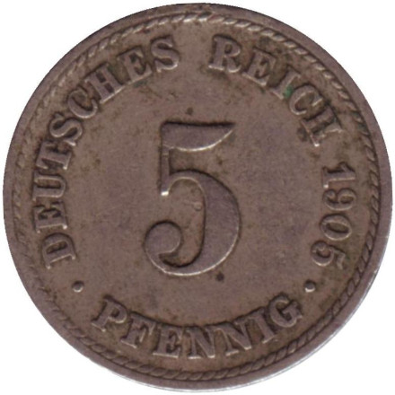 Монета 5 пфеннигов. 1905 год (F), Германская империя.