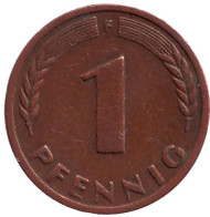 Монета 1 пфенниг. 1949 год (F), ФРГ. Дубовые листья. Монета 1 пфенниг. 1949 год (F), ФРГ. Дубовые листья.