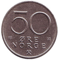 Монета 50 эре. 1977 год, Норвегия.