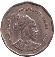 Монета 2 рупии. 1999 год, Индия. Чхатрапати Шиваджи. ("♦" - Мумбаи). Монета 2 рупии. 1999 год, Индия. Чхатрапати Шиваджи. ("♦" - Мумбаи).