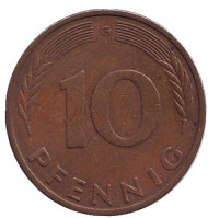 Монета 10 пфеннигов. 1981 год (G), ФРГ. Дубовые листья. Монета 10 пфеннигов. 1981 год (G), ФРГ. Дубовые листья.