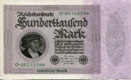 Рейхсбанкнота 100,000 марок. 1923 год, Веймарская республика. Рейхсбанкнота 100,000 марок. 1923 год, Веймарская республика.