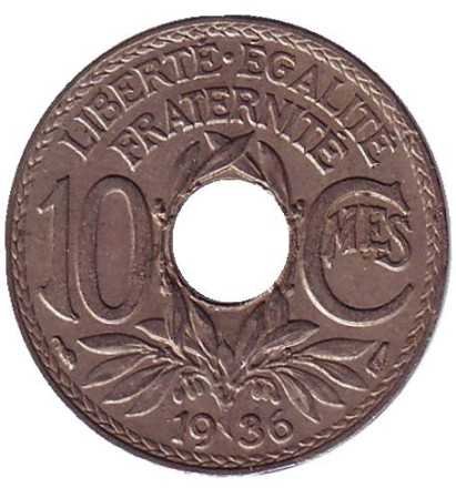 Монета 10 сантимов. 1936 год, Франция.