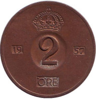 Монета 2 эре. 1957 год, Швеция. Монета 2 эре. 1957 год, Швеция.