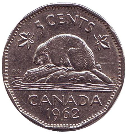 Монета 5 центов, 1962 год, Канада. Бобр.