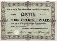 Электроэнергетическое акционерное общество. Акция 100 рейхсмарок. Мюнхен, 1932 год, Веймарская республика. Электроэнергетическое акционерное общество. Акция 100 рейхсмарок. Мюнхен, 1932 год, Веймарская республика.