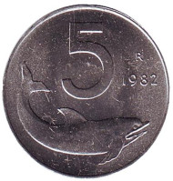 Монета 5 лир. 1982 год, Италия. Дельфин. Судовой руль. Монета 5 лир. 1982 год, Италия. Дельфин. Судовой руль.
