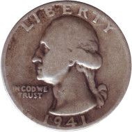 Монета 25 центов. 1941 год, США. (Без отметки монетного двора). Вашингтон. Монета 25 центов. 1941 год, США. (Без отметки монетного двора). Вашингтон.