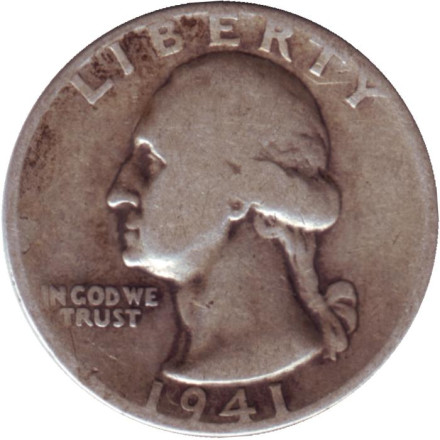 Монета 25 центов. 1941 год, США. (Без отметки монетного двора). Вашингтон.
