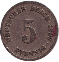 Монета 5 пфеннигов. 1889 год (D), Германская империя. Монета 5 пфеннигов. 1889 год (D), Германская империя.