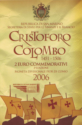 Монета 2 евро. 2006 год, Сан-Марино. (в буклете) 500 лет со дня смерти Христофора Колумба.