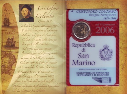 Монета 2 евро. 2006 год, Сан-Марино. (в буклете) 500 лет со дня смерти Христофора Колумба. Монета 2 евро. 2006 год, Сан-Марино. (в буклете) 500 лет со дня смерти Христофора Колумба.