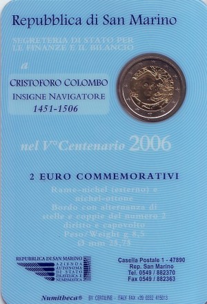 Монета 2 евро. 2006 год, Сан-Марино. (в буклете) 500 лет со дня смерти Христофора Колумба. Монета 2 евро. 2006 год, Сан-Марино. (в буклете) 500 лет со дня смерти Христофора Колумба.