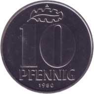 Монета 10 пфеннигов. 1980 год, ГДР. BU. Монета 10 пфеннигов. 1980 год, ГДР. BU.