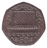 Монета 50 пенсов. 1983 год, Остров Мэн. Ладья викингов. Монета 50 пенсов. 1983 год, Остров Мэн. Ладья викингов.