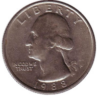 Монета 25 центов. 1988 (P) год, США. Вашингтон. Монета 25 центов. 1988 (P) год, США. Вашингтон.