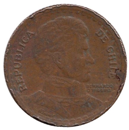Монета 1 песо. 1950 год, Чили. Бернардо О’Хиггинс. Монета 1 песо. 1950 год, Чили. Бернардо О’Хиггинс.