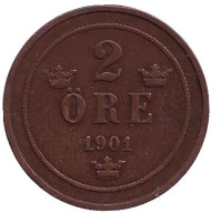 Монета 2 эре. 1901 год, Швеция. Монета 2 эре. 1901 год, Швеция.