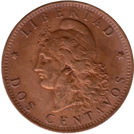 Монета 2 сентаво. 1891 год, Аргентина.