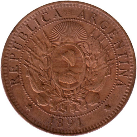 Монета 2 сентаво. 1891 год, Аргентина.