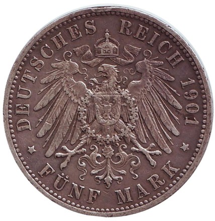 Монета 5 марок. 1901 год, Германская империя. Пруссия. Монета 5 марок. 1901 год, Германская империя. Пруссия.