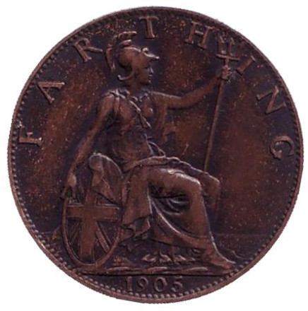 Монета 1 фартинг. 1905 год, Великобритания.