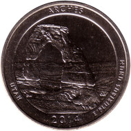 Монета 25 центов (S). 2014 год, США. Национальный парк Арки. Парк № 23. Монета 25 центов (S). 2014 год, США. Национальный парк Арки. Парк № 23.