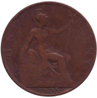 Монета 1 пенни. 1905 год, Великобритания. Монета 1 пенни. 1905 год, Великобритания.