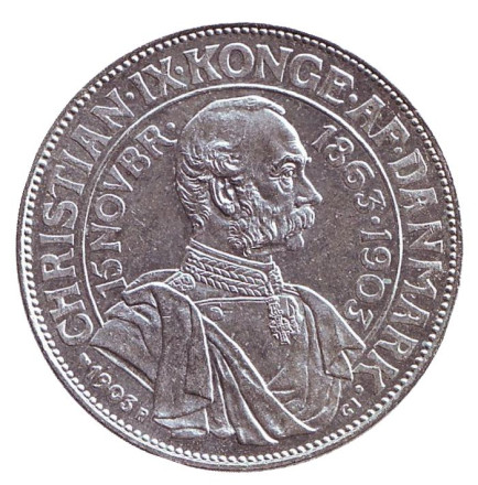 Монета 2 кроны. 1903 год, Дания. 40 лет правления. Король Кристиан IX.