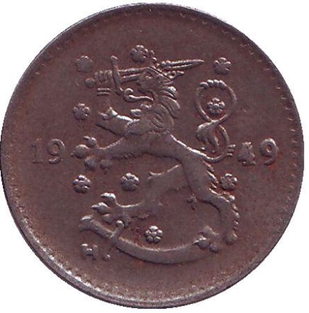 Монета 1 марка. 1949 год, Финляндия. Монета 1 марка. 1949 год, Финляндия.
